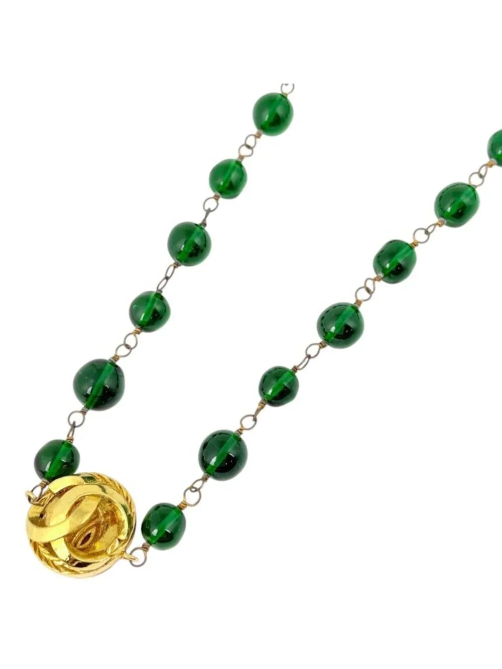 Chanel Necklace CC Logo Color Stone Long Gold Plated Green